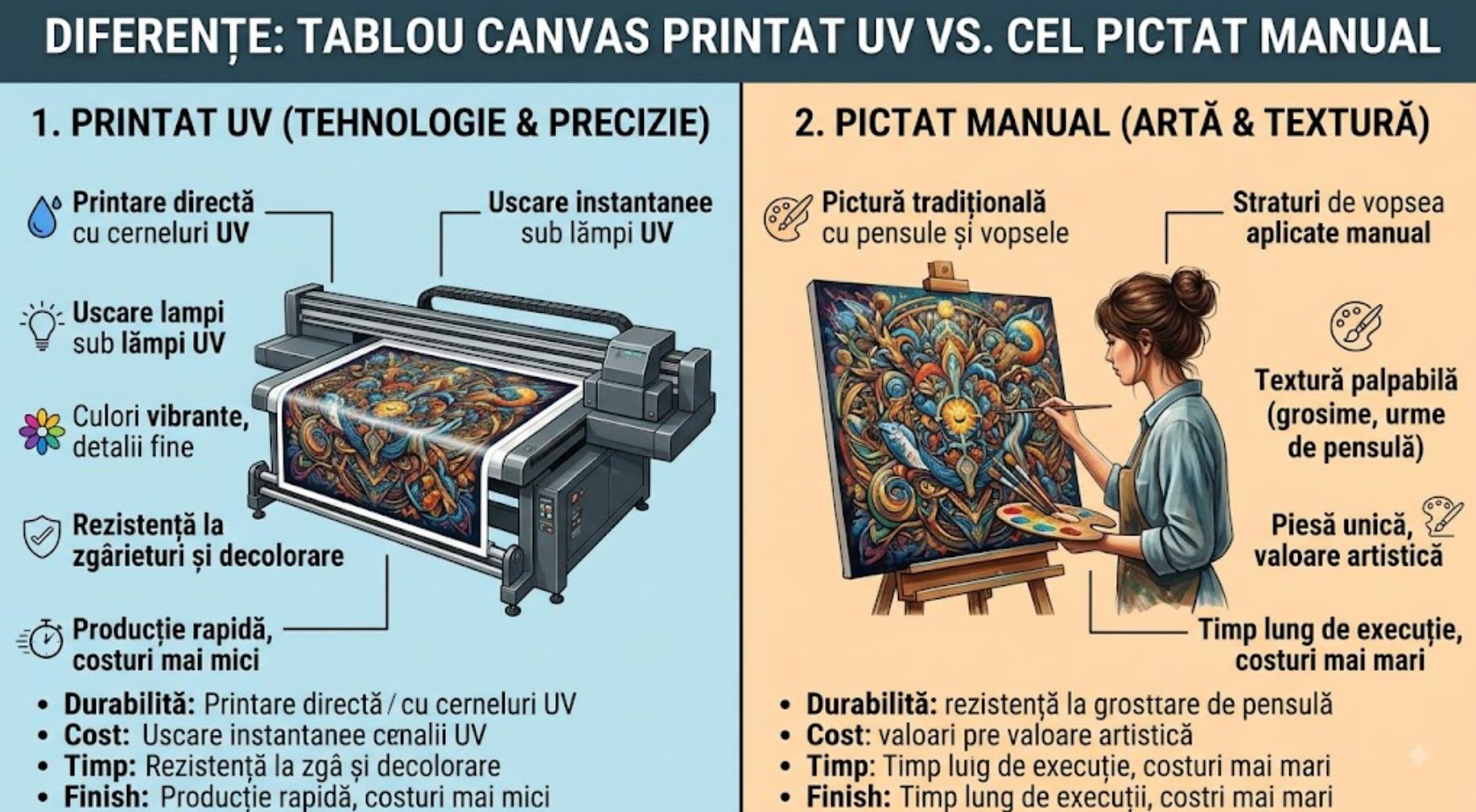 Tablou canvas printat UV versus cel pictat manual